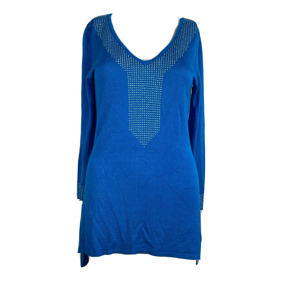 Belldini Sweater Women Sz S Blue Studded‎ V Neck Long Sleeve High Low Top
